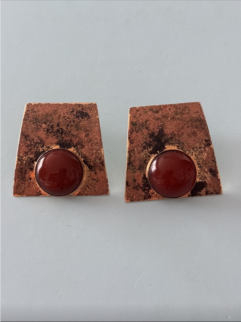 Vintage Copper Square Clip-On Earrings with Brown Cabochons